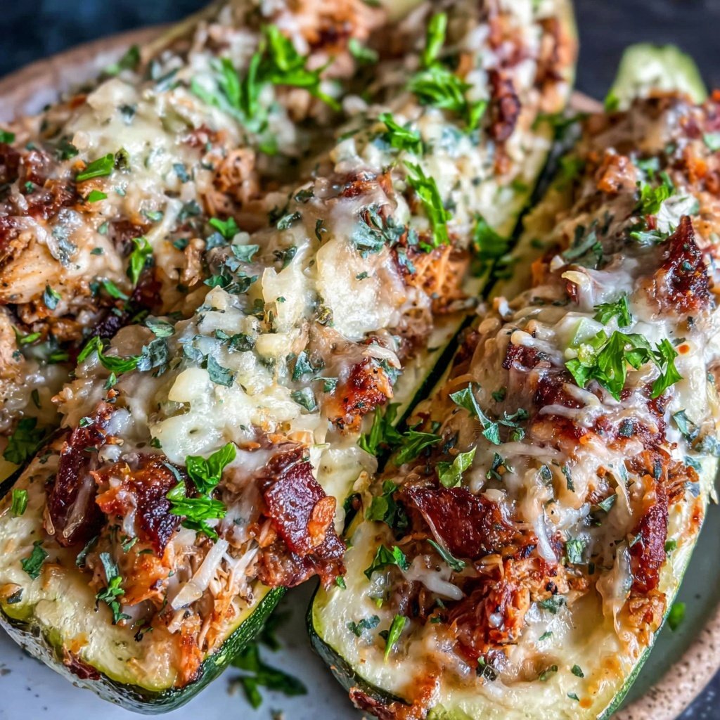 Shredded Chicken Stuffed Zucchini Boats